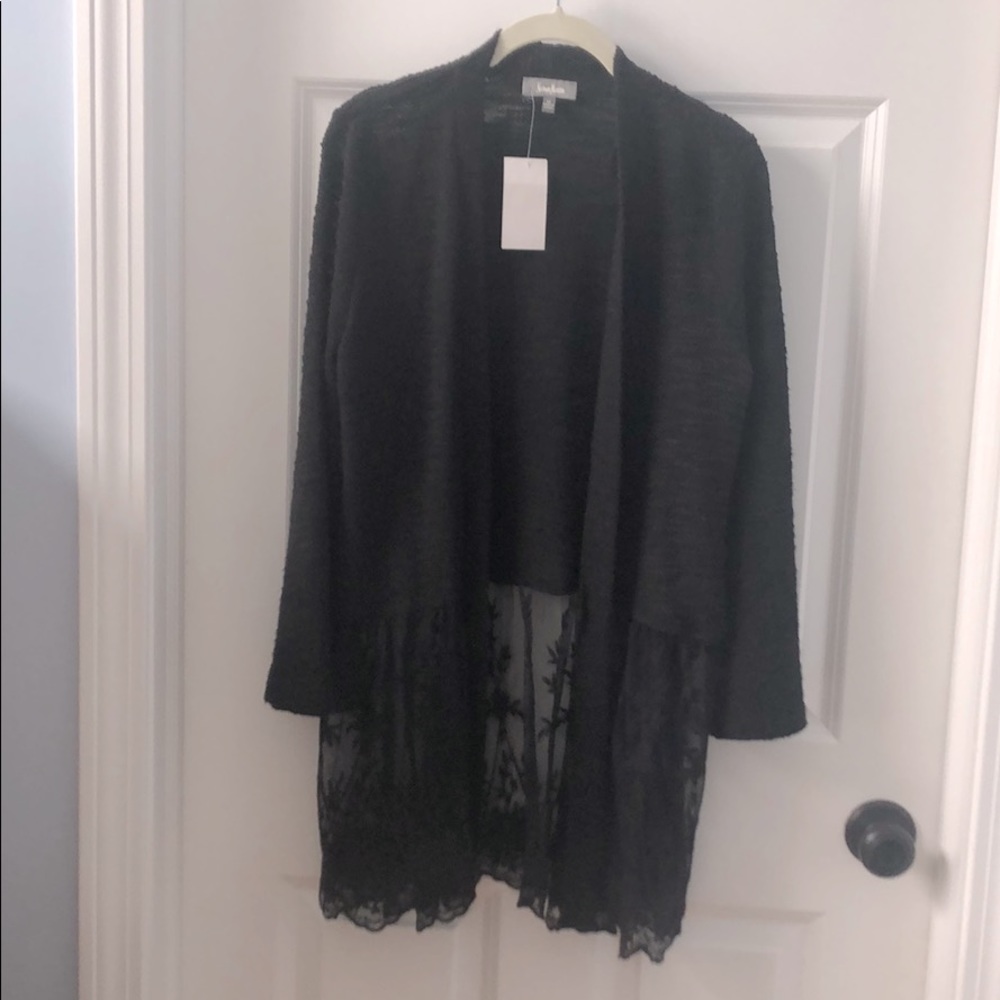 Neiman Marcus Black Open Cardigan with Lace Bottom